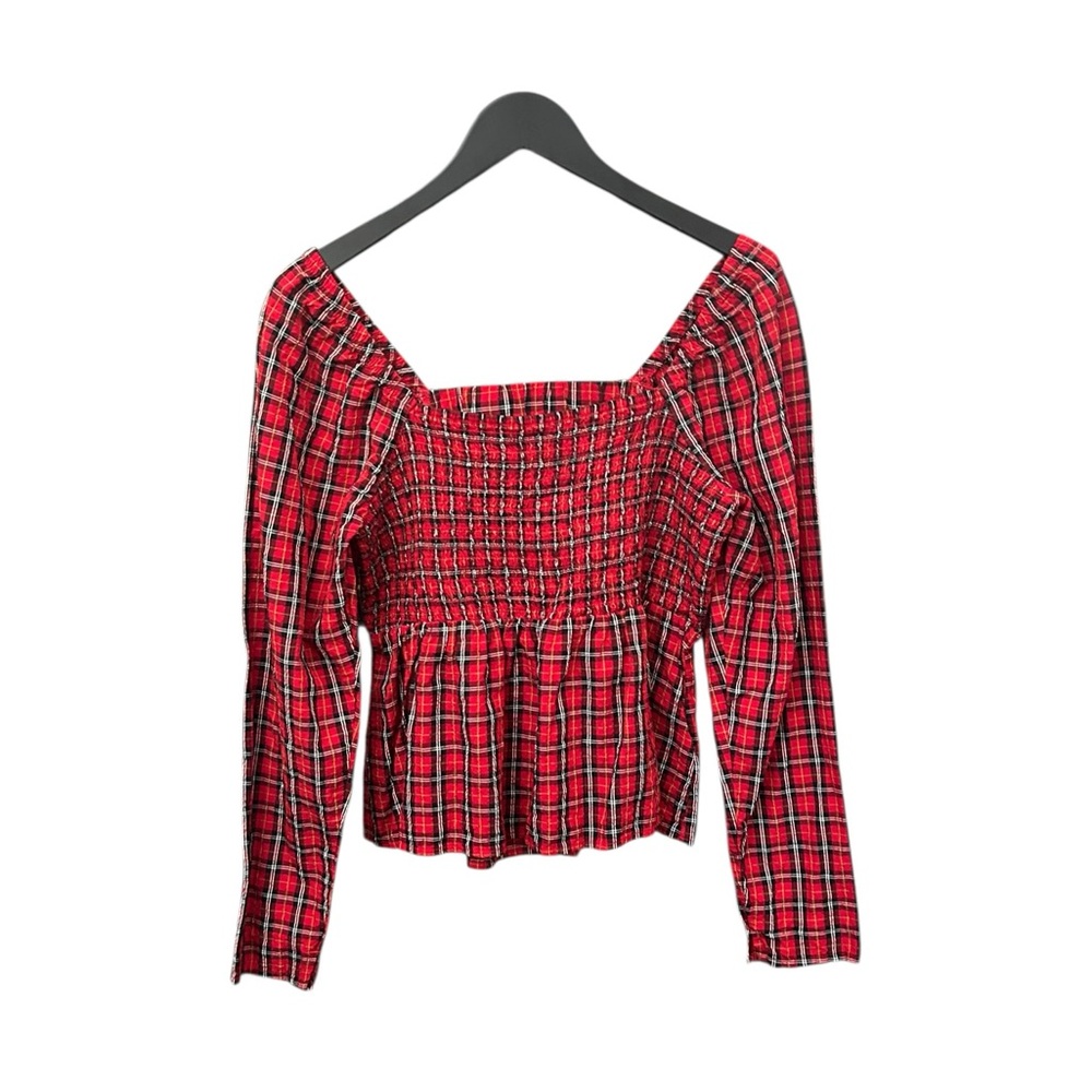 Old Navy Long Sleeve Smocked Seersucker Top Red Tartan Plaid Holiday Fall Medium